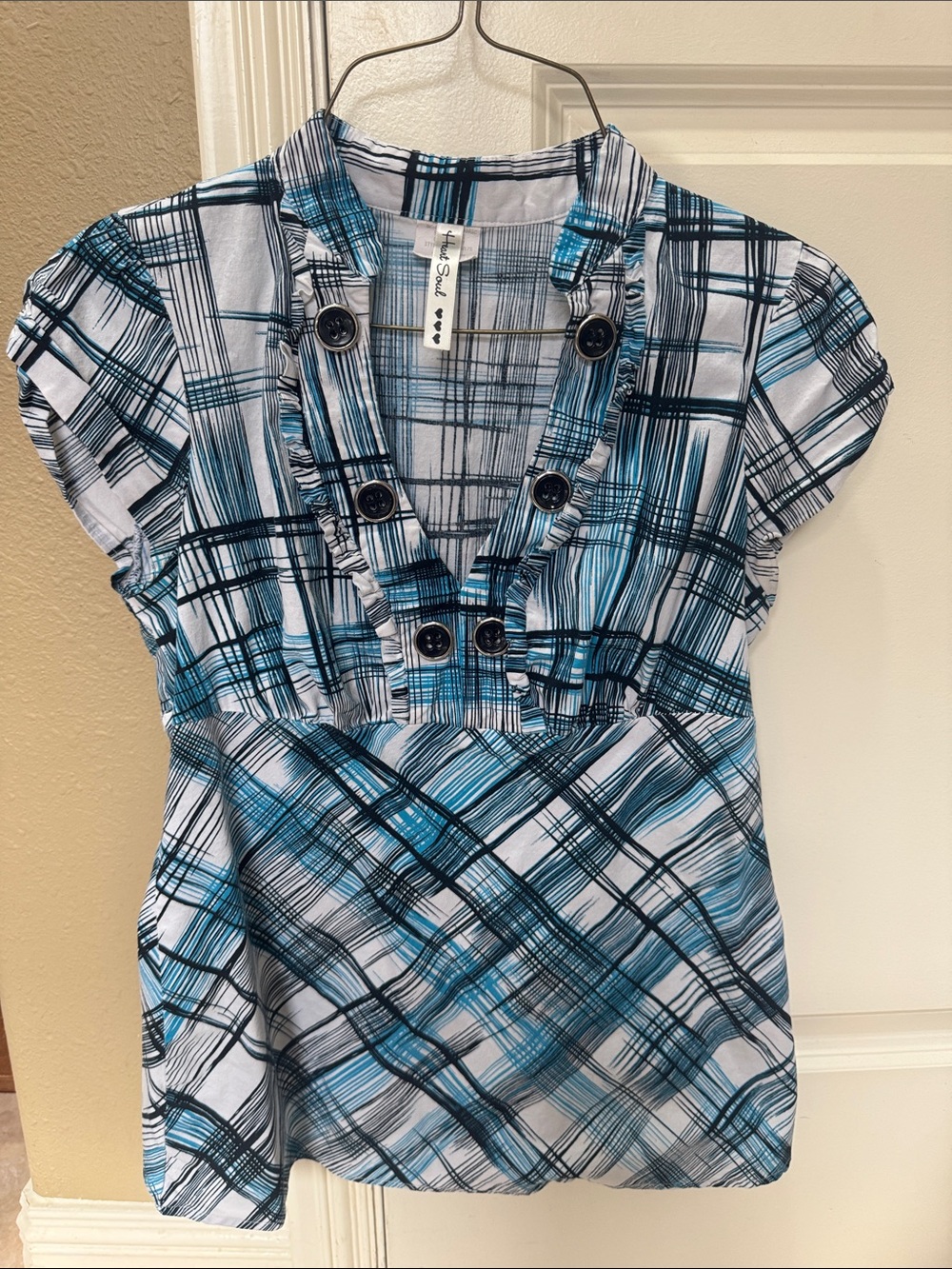 Mossimo Supply Co. Teal, Black & White Plaid Ruffle V-Neck Blouse